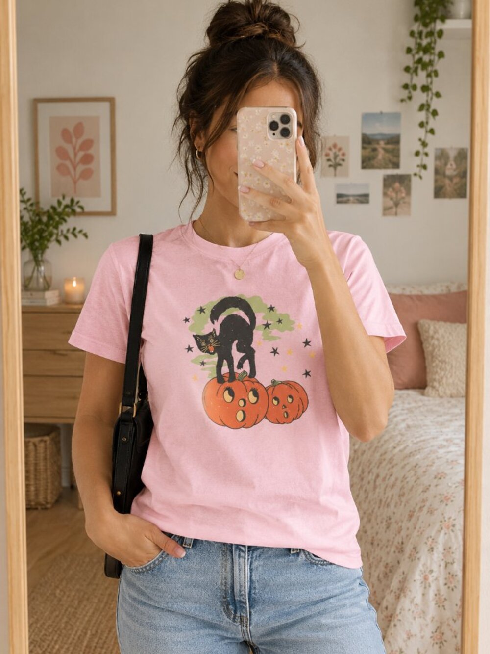 🎃 80s Vintage Halloween Baby Tee | Witch Kitten Cat Mom Shirt | Retro Pumpkin